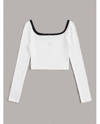 Contrast Trim Embroidered Letter Rib-knit Top