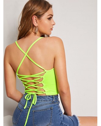 Neon Green Lace Up Rib-knit Rib Cami Top