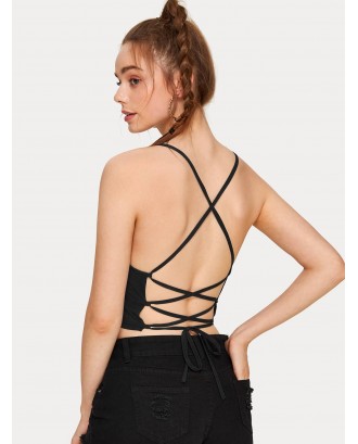 Solid Criss Cross Lace-up Back Halter Top