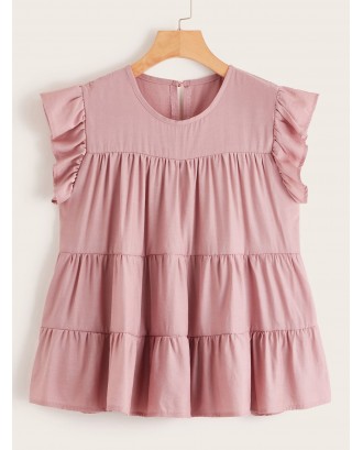 Solid Frill Trim Smock Blouse