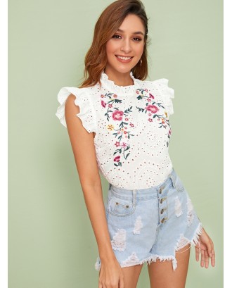 Ruffle Trim Embroidered Detail Schiffy Top