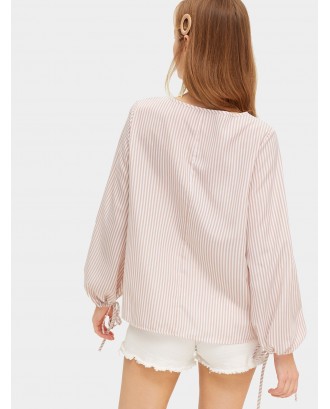 Striped Bishop Sleeve Knot Cuff Blouse