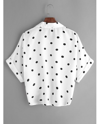 Polka Dot Knot Front Cuffed Blouse