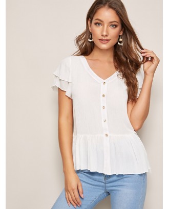 Button Front Tiered Layer Ruffle Hem Blouse