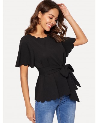 Scallop Trim Belted Top