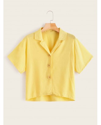 Notched Collar High Low Solid Blouse