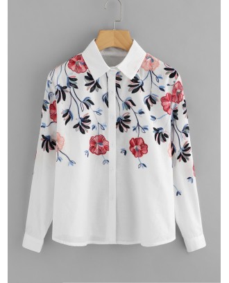 Floral Embroidery Button Front Blouse