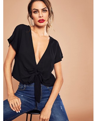 Knot Front Ruched Plunge Solid Top