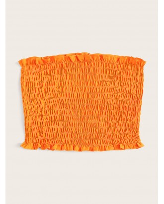 Neon-orange Frill Trim Shirred Tube Top