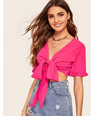 Neon Pink Tie Front Contrast Frill Cuff Crop Blouse