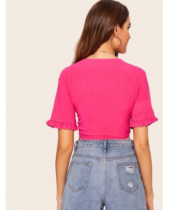 Neon Pink Tie Front Contrast Frill Cuff Crop Blouse