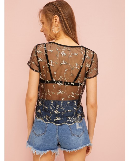 Embroidery Mesh Sheer Blouse