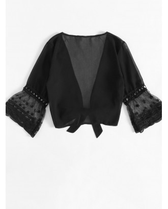 Lace Mesh Flounce Sleeve Knot Plunge Top