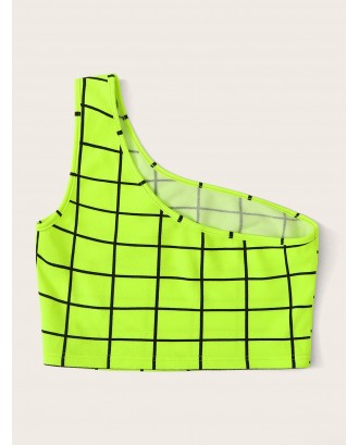 Neon Green Grid Print One Shoulder Top