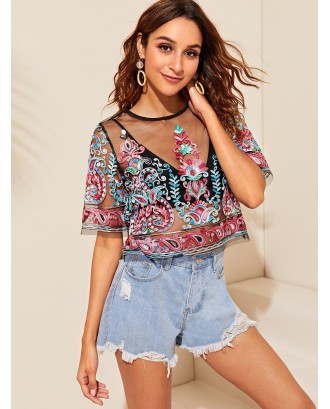 Flower Embroidery Mesh Crop Top