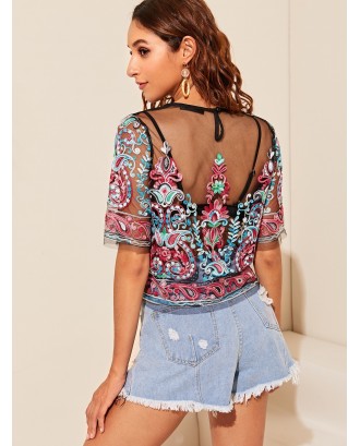 Flower Embroidery Mesh Crop Top