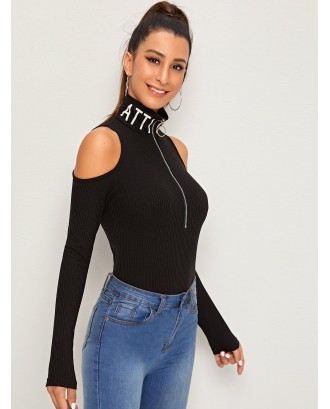 Cold Shoulder Zipper Front Rib-knit Fitted Bodysuit