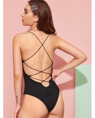 Ribbed Criss Cross Backless Cami Bodysuit