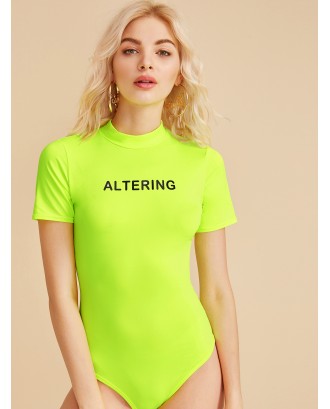 Neon Green Letter Print Bodysuit