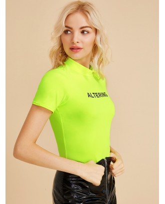 Neon Green Letter Print Bodysuit