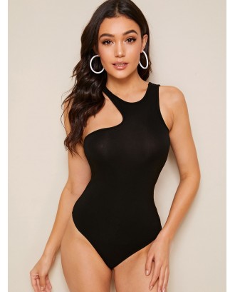 Solid Asymmetrical Neck Fitted Bodysuit