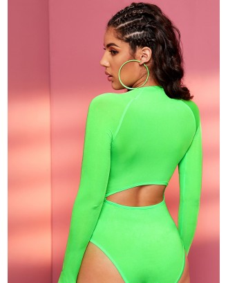 Neon Green Letter Print Raglan Sleeve Fitted Bodysuit