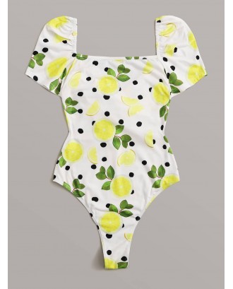 Lemon and Dot Print Wrap Sweetheart Bodysuit