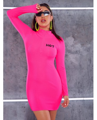 Neon Pink Letter Embroidered Bodycon Dress