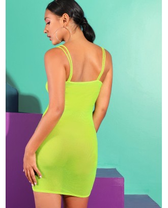 Neon Lime Drawstring Ruched Front Slip Pencil Dress