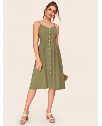 Button Front Shirred Cami Dress