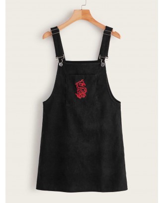 Dragon Embroidery Pocket Front Corduroy Pinafore Dress