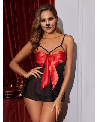 Halloween Knot Front Sheer Mesh Slips With Thong