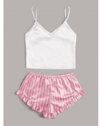Letter Print Satin Cami With Striped Shorts