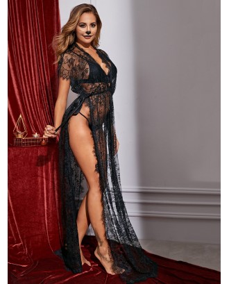 Floral Lace Sheer High Split Dress With Thong