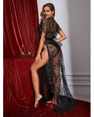 Floral Lace Sheer High Split Dress With Thong