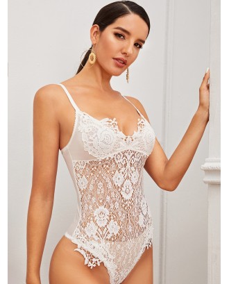 Floral Lace Cut-out Back Sheer Teddy Bodysuit