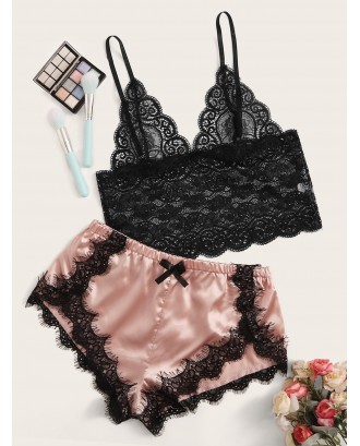 Scalloped Lace Trim Bralette With Satin Shorts