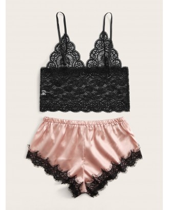 Scalloped Lace Trim Bralette With Satin Shorts