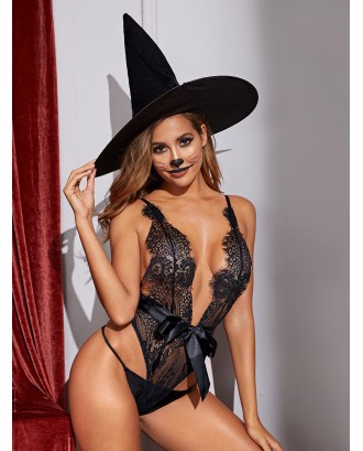 Halloween Floral Lace Belted Teddy Bodysuit & Hat