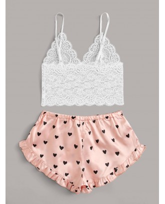 Floral Lace Bralette With Heart Shorts