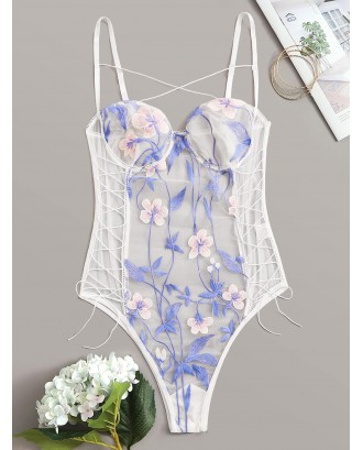 Floral Embroidered Lace-up Sheer Teddy Bodysuit
