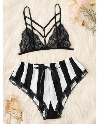 Floral Lace Bralette With Satin Striped Shorts