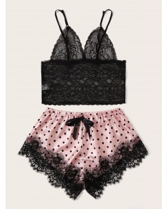 Floral Lace Bralette With Polka Dot Shorts