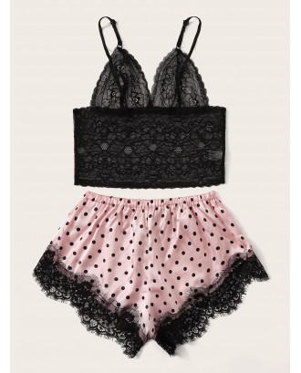 Floral Lace Bralette With Polka Dot Shorts