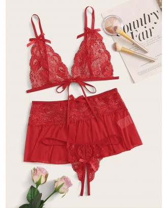 3pack Floral Lace Sheer Lingerie Set With Skirt