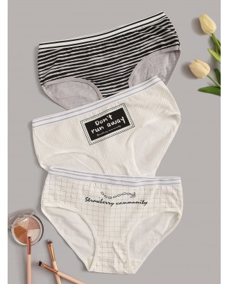 3pack Letter Graphic Striped Panty Set