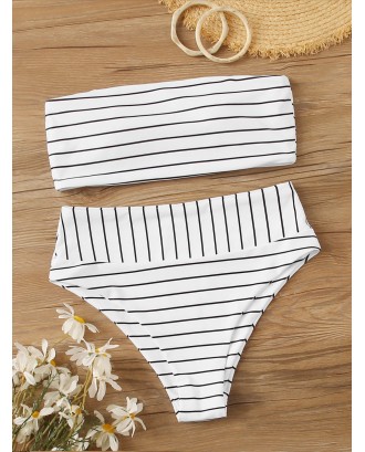 Striped Bandeau Swimwear Set With Detachable Strap