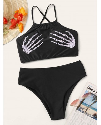Skeleton Hands Lace Up Back Swimwear Set