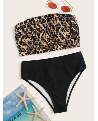 Leopard Smocked Bandeau Swimwear Set With Detachable Strap