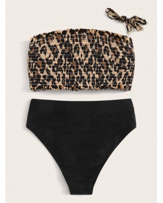 Leopard Smocked Bandeau Swimwear Set With Detachable Strap
